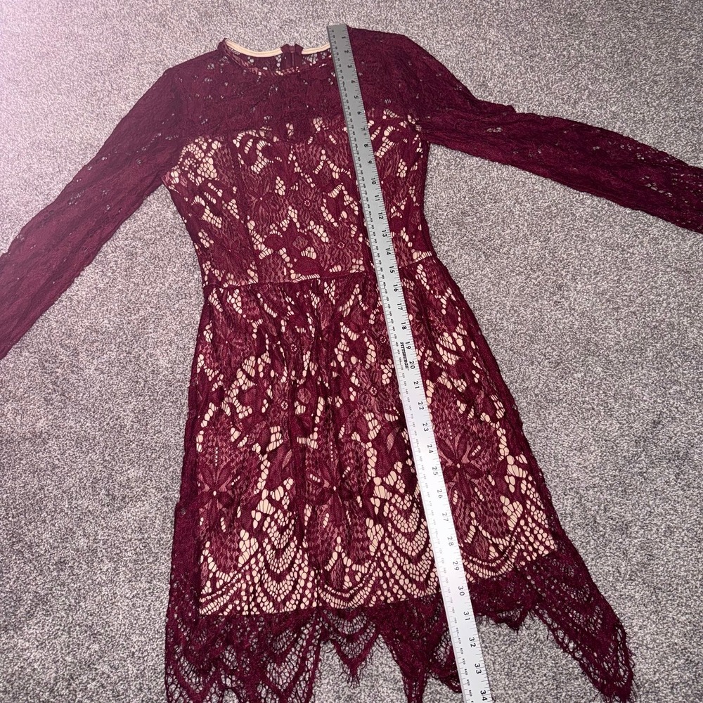 Women's Long Sleeve Maroon Lace Overlay Dress w/ Nude Lining - Picture 7 of 12